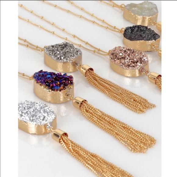 Jewelry - Druzy pendant necklace gold Tassel long chain